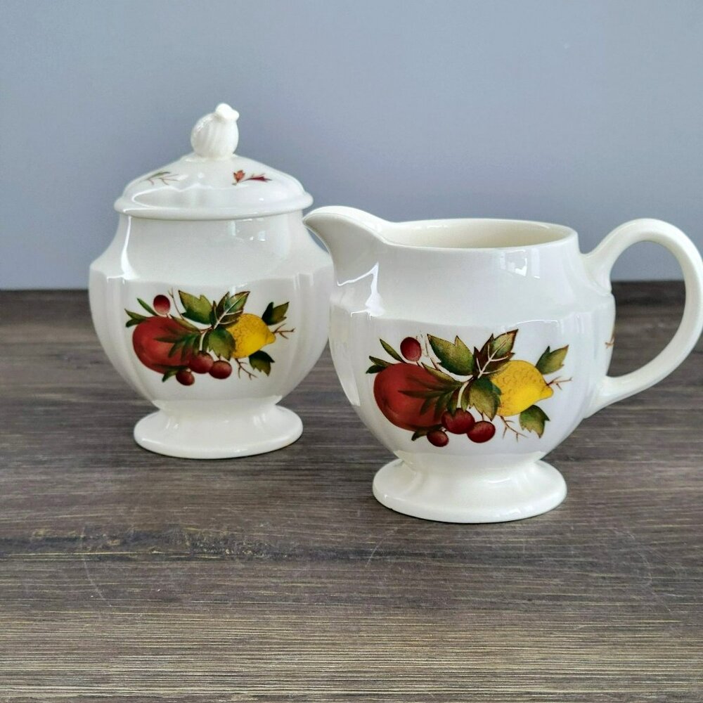 Wedgwood Drury Lane Creamer & Sugar Bowl, Lemon Pomegranates Fruit, c.1962-69